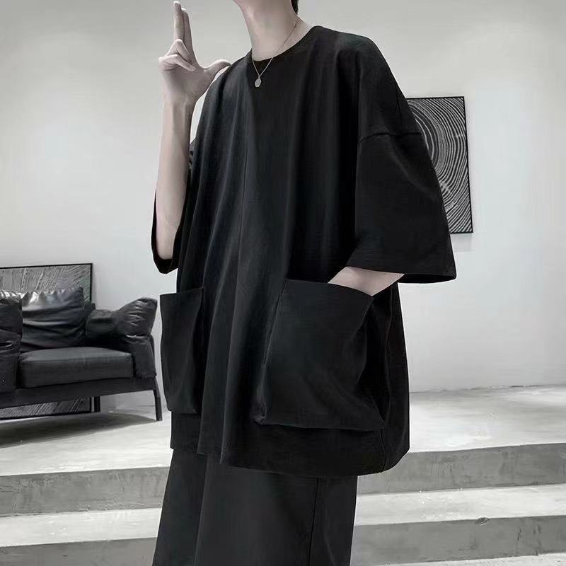 Áo Thun Ngắn Tay Cổ Tròn Dáng Rộng Phối Túi Lớn Thời Trang Nhật Hàn Cá Tính Cho Nam