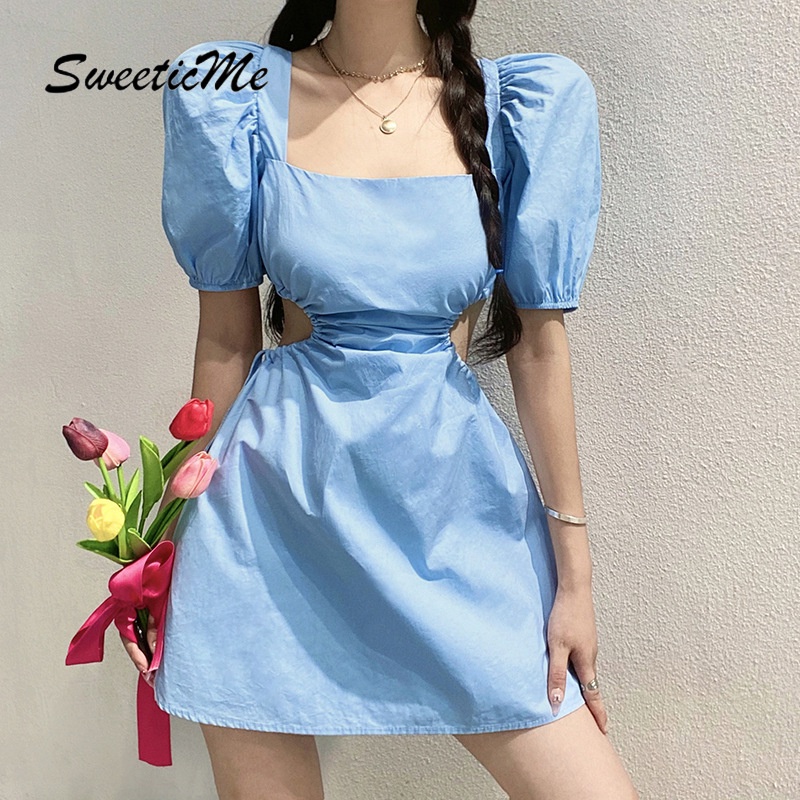Đầm cổ vuông hở lưng tay phồng thời trang cho nữ