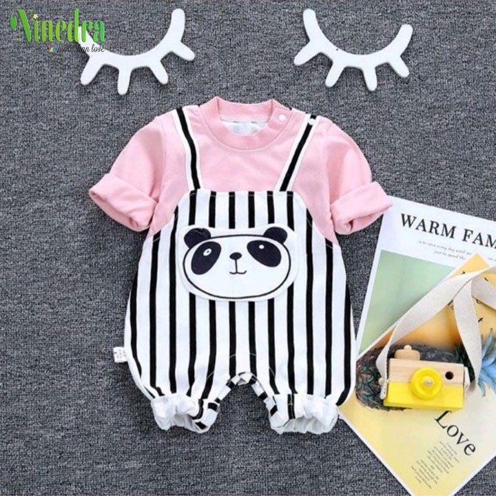 - Bộ yếm kẻ áo liền quần hình gấu chất cotton mịn đẹp