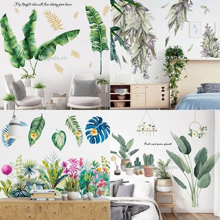 Decal dán tường lọ hoa, lồng chim rủ trần, lá xanh, cây xanh dán tường giá rẻ