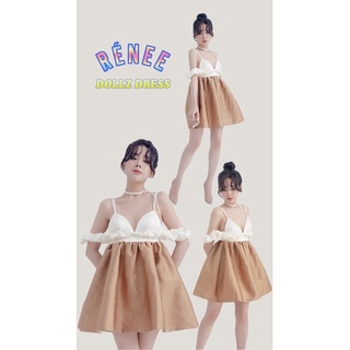 [ 𝐑𝐄́𝐍𝐄𝐄 ] Đầm trễ vai thiết kế thanh lịch form dáng babydoll phối dây tùng nâu 𝐃𝐎𝐋𝐋𝐙 𝐃𝐑𝐄𝐒𝐒