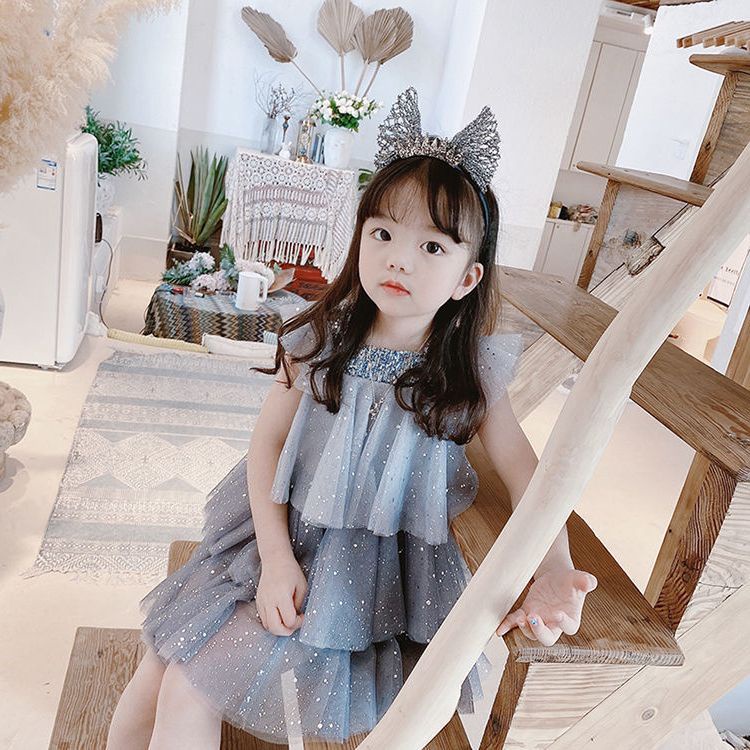 Đầm Công Chúa Phối Ren Đính Kim Sa Ngôi Sao Lấp Lánh Dành Cho Bé Gái 3-8 Tuổi