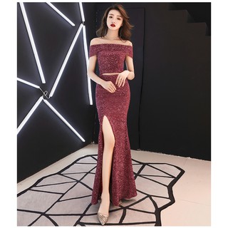 Váy Đầm Dạ Hội Trễ Vai Xẻ Tà Đuôi Cá Sang Trọng Và Gợi Cảm Màu Đỏ Đồng Kim Sa