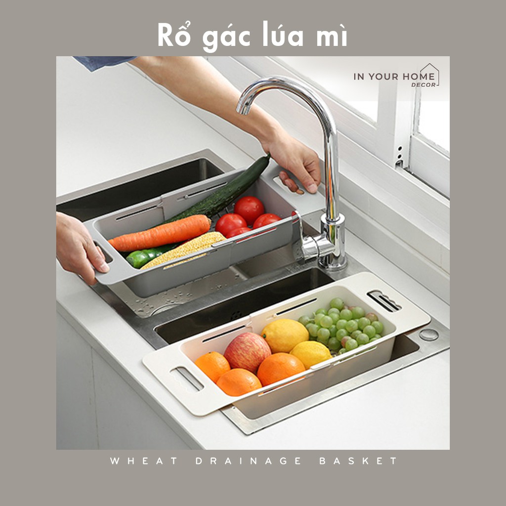 Rổ gác bồn rửa bằng lúa mì đa năng có thể thu kéo dài rổ rau củ trái cây