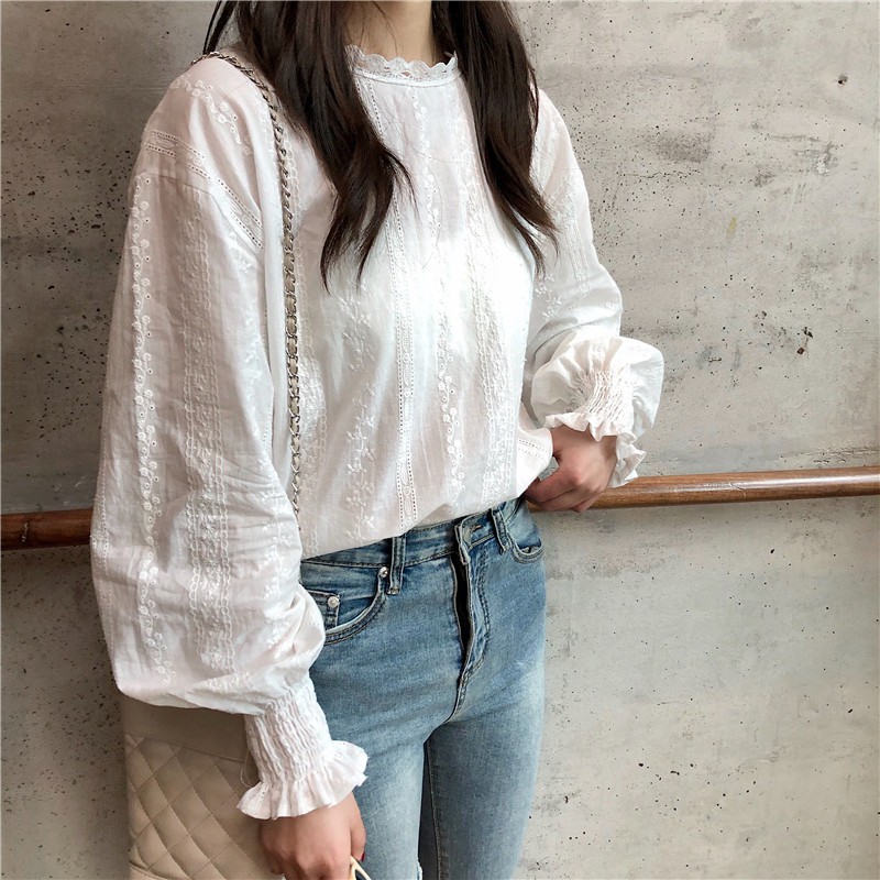 Áo kiểu tay dài phối ren Xiaozhainv hoa thiết kế dáng rộng thoải mái | BigBuy360 - bigbuy360.vn