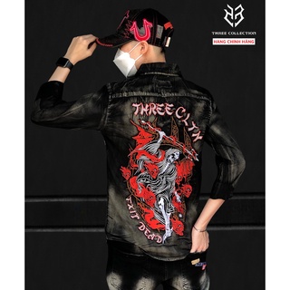 Áo sơ mi nam tay dài THREE COLLECTION 2 túi wash đen mốc vàng thêu lưỡi hái tử thần kín lưng chất kaki dày dặn