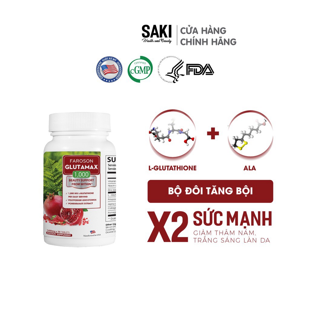 Viên uống giảm nám trắng da chống nắng Glutamax 1000 hộp 30 viên | Thế Giới Skin Care
