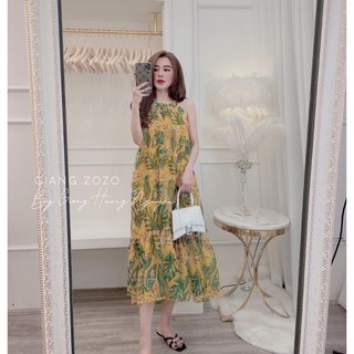 đầm maxi đi biển 2 dây lá dừa đuôi cá chất voan lụa