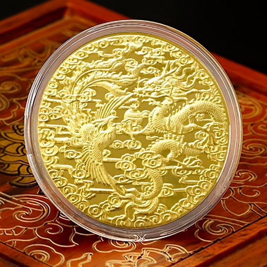 Đồng Xu Hình Long Phụng Xum Vầy Mạ Vàng 24K Phong Thủy May Mắn
