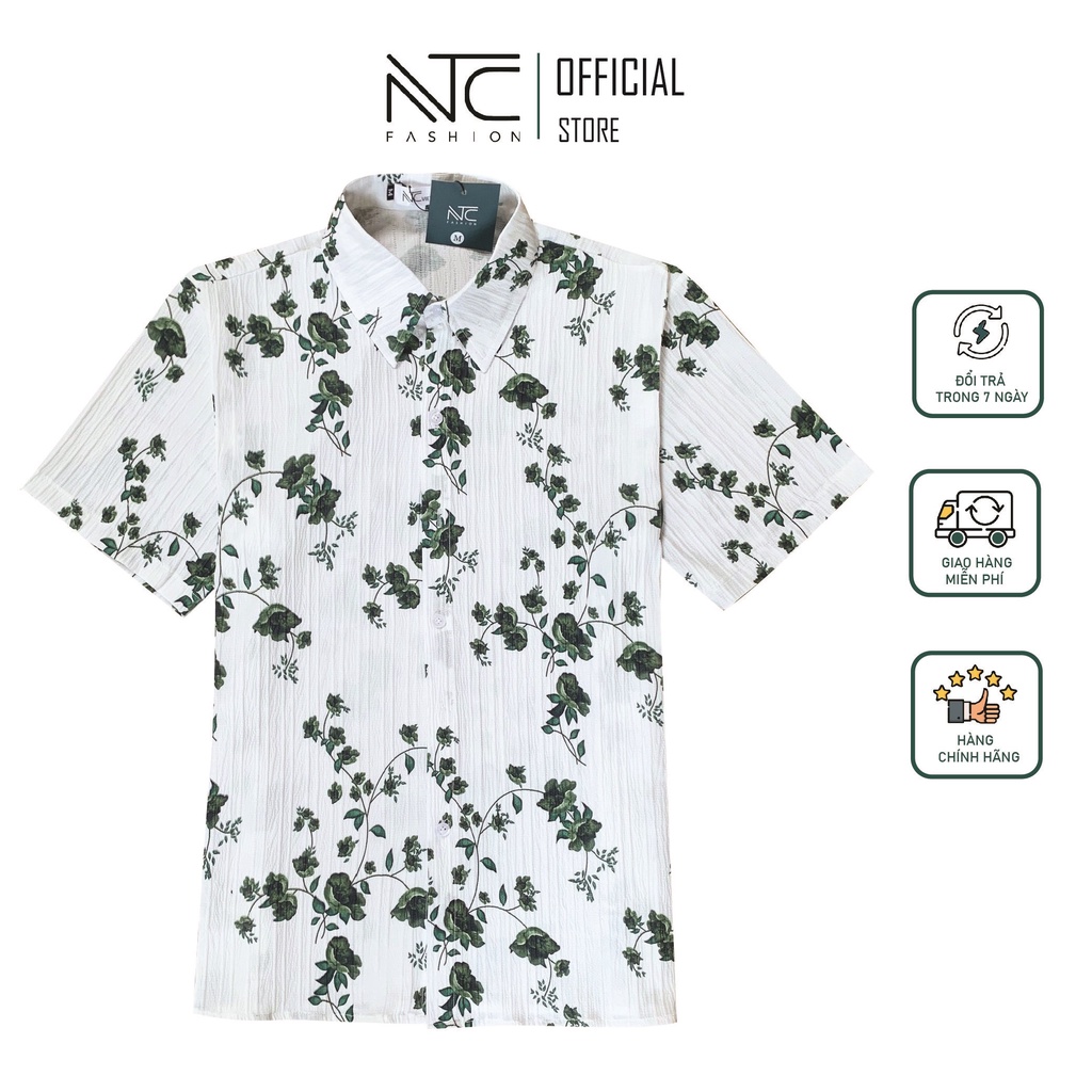 Áo Sơ Mi Nam NTC cộc tay vải đũi nhăn in hoa mát nhẹ thoáng khí cực trend A044