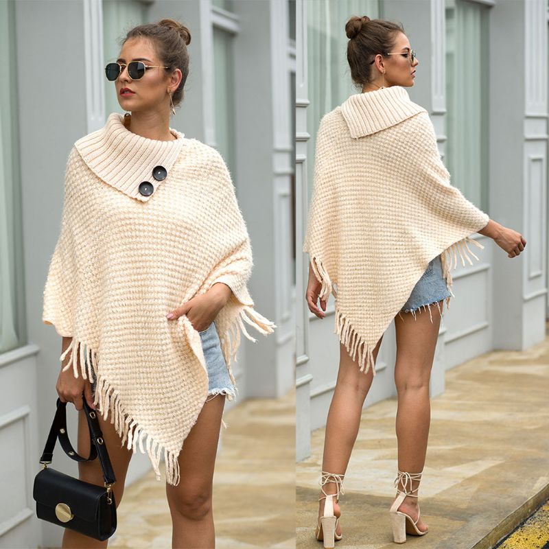 Xiangbao Áo Sweater Dệt Kim Chui Đầu Hở Nửa Cổ Cài Nút Phối Tua Rua Màu Trơn Ấm Áp Cho Nữ Po