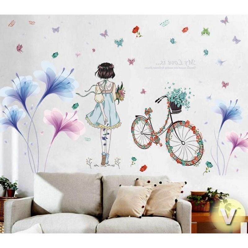 Decal dán tường Cô gái váy xanh và hoa