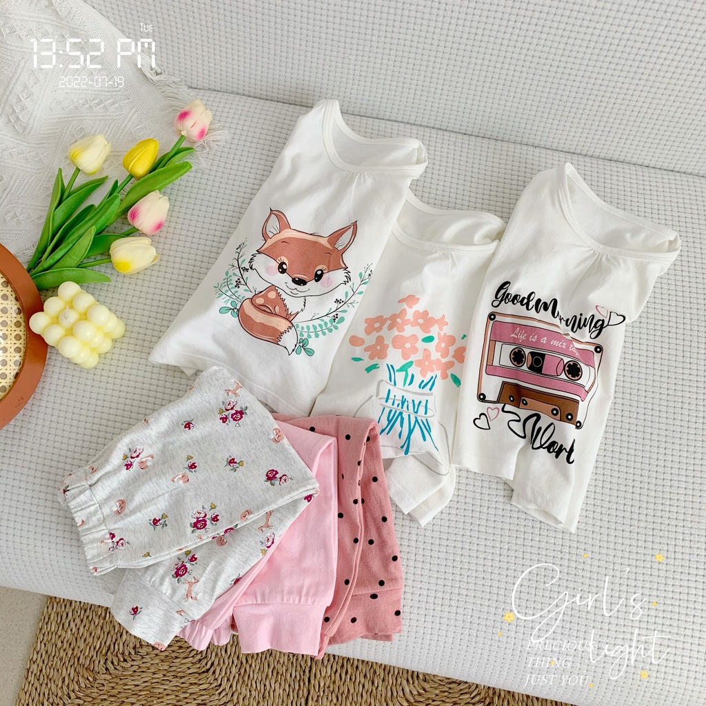 Bộ bé gái thu đông dài tay hoạ tiết xinh xắn cho bé, bộ cotton tay dài mềm, thoải mái bé gái