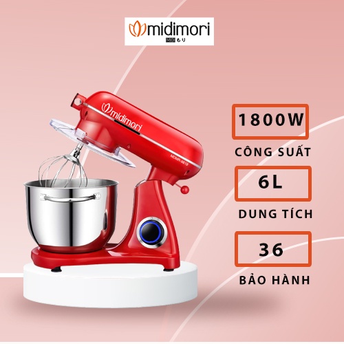 Máy nhào trộn bột Midimori 1800W, thân khung thép, cối inox 6 lít