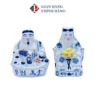 Bộ Ông Địa Thần Tài men Lam Trắng Trơn, đồ thờ cúng Phùng Gia - Gốm sứ Bát Tràng cao cấp