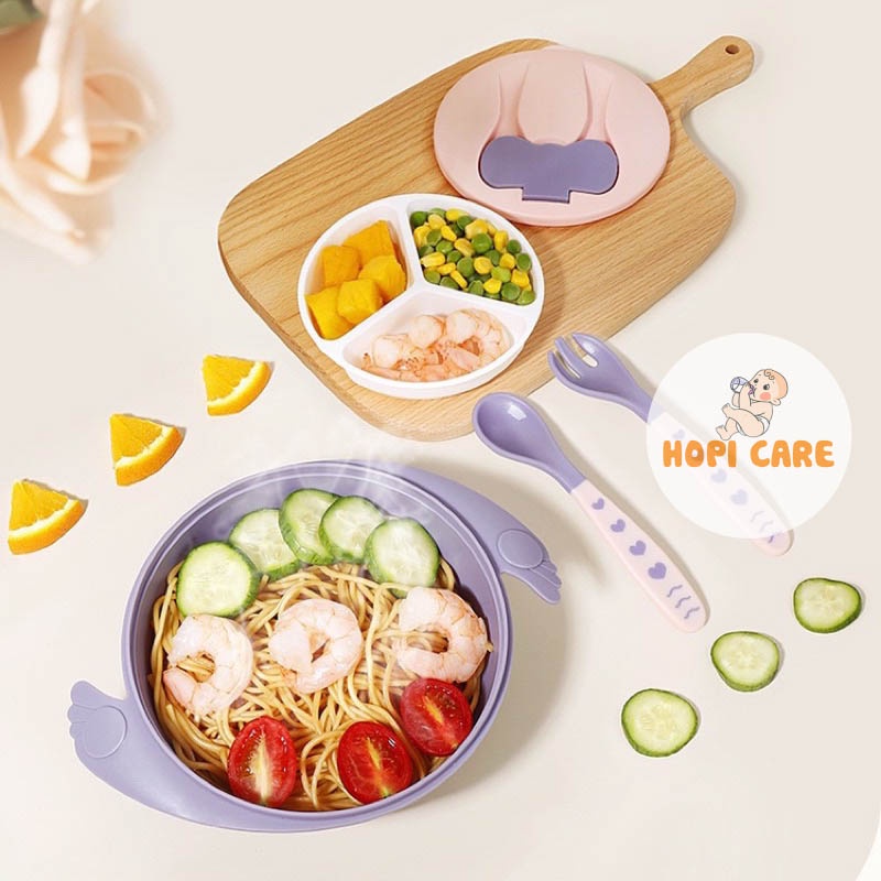 Bát Ăn Dặm Khay 3 Ngăn Kèm Thìa Dĩa Chống Đổ