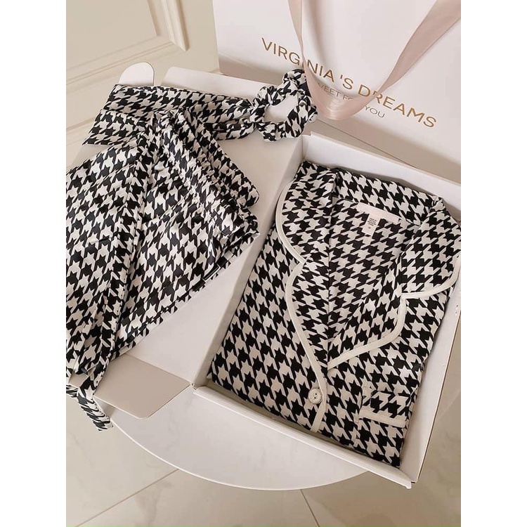 Đồ bộ pyjama dài tay thu đông mặc nhà nữ họa tiết ziczac cao cấp đồ ngủ lụa satin cao cấp (tặng kèm nơ buộc tóc ) | BigBuy360 - bigbuy360.vn