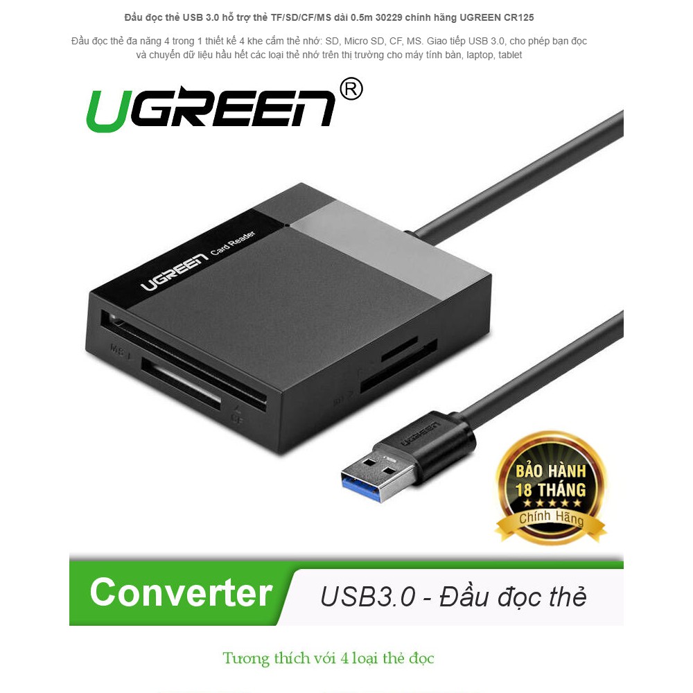 Đầu đọc thẻ nhớ SD/TF/CF/MS chuẩn USB 3.0 Ugreen 30229 chính hãng màu đen