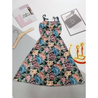 Đầm hoa thun umi 2 dây eo ôm dáng xòe