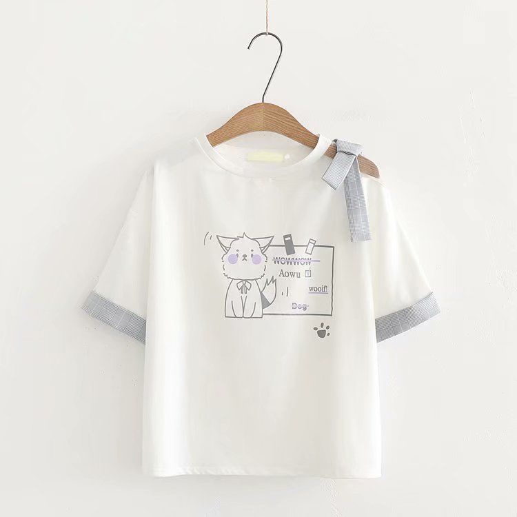 Nhật Bản cao đẳng phong cách sinh viên ngắn tay áo T-shirt, cô gái dễ thương sữa lụa dây đeo Bowknot thời trang hàng đầu