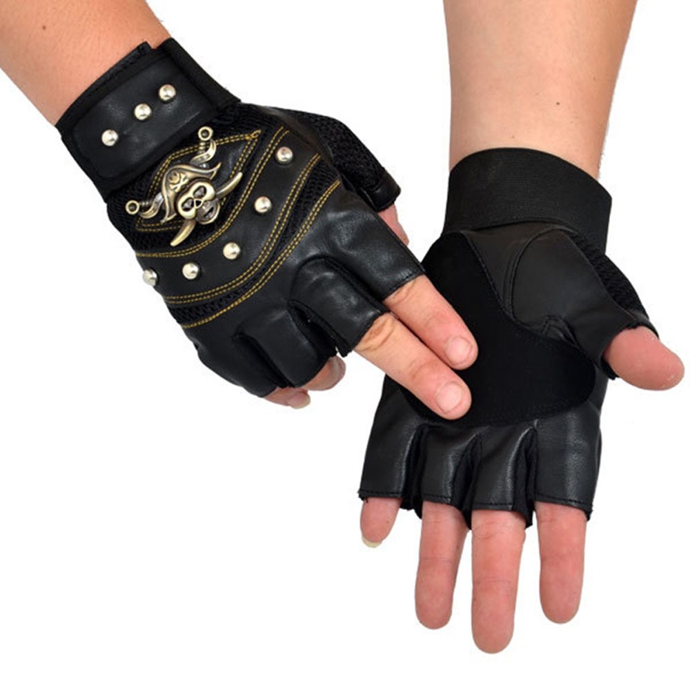 Găng tay da PU thiết kế không ngón họa tiết hình đầu lâu cá tính