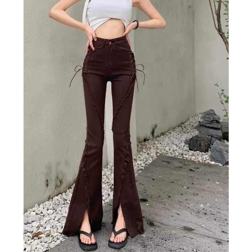 Daduhey Quần jean dây rút cạp cao ống loe xẻ tà phiên bản thời trang Hàn Quốc mới cho nữ