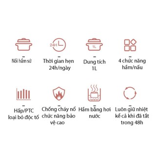 Nồi Nấu Cháo Chậm - Nồi Hầm Cách Thủy Dung Tích 1L, Lòng Nồi Bằng Sứ Giữ Nhiệt Tốt Hơn - Nồi Chưng Yến, Hầm Canh V125V