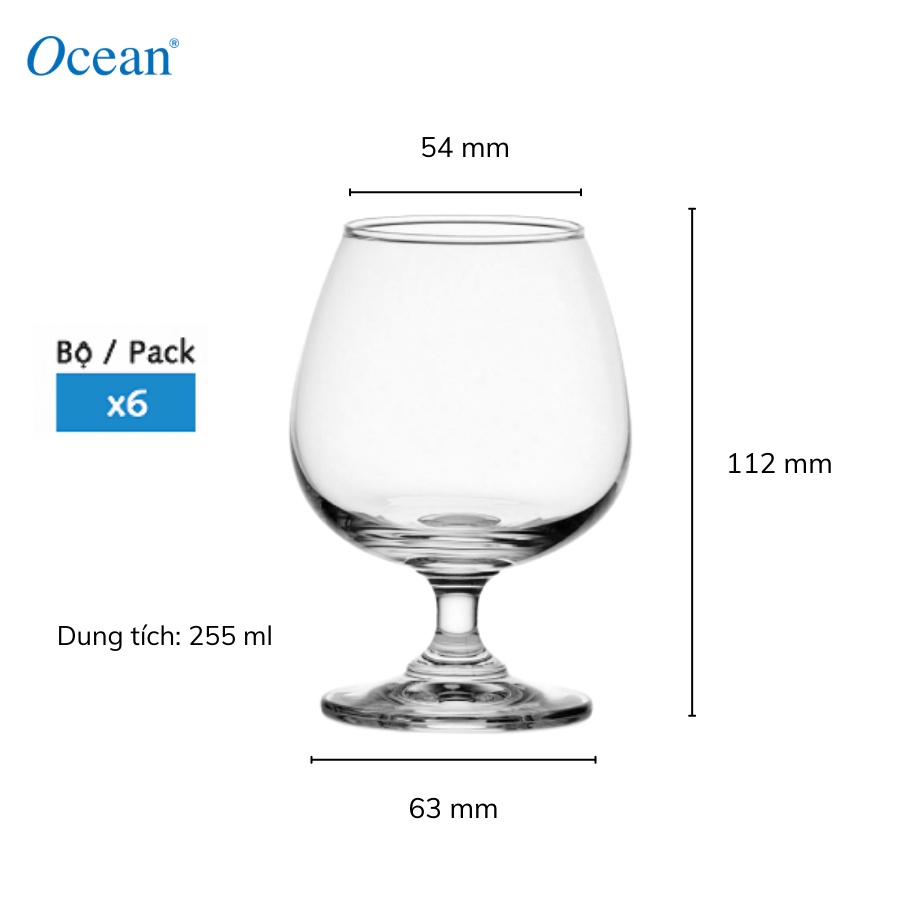 Bộ 6 Ly Rượu Thủy Tinh - Ocean Classic Brandy 255ml - Chính Hãng