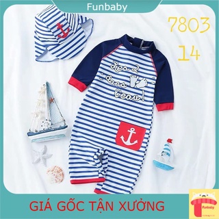Bộ bơi bé trai 2-7 tuổi liền thân kèm mũ hình mỏ neo phối kẻ, Đồ bơi cho bé cao cấp vải co giãn cực tốt