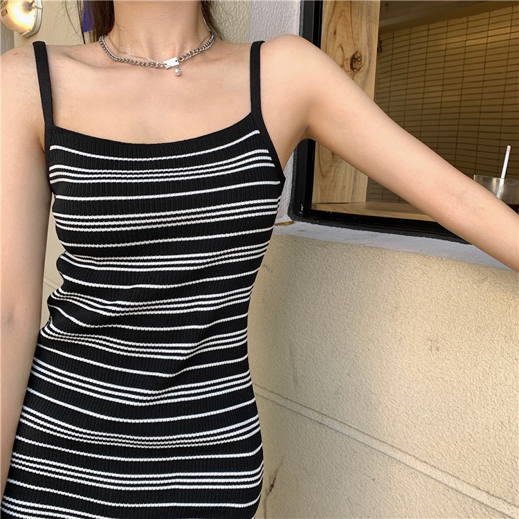 Đầm dệt kim XIAOZHAINV 2 dây kẻ sọc phong cách Hàn Quốc quyến rũ