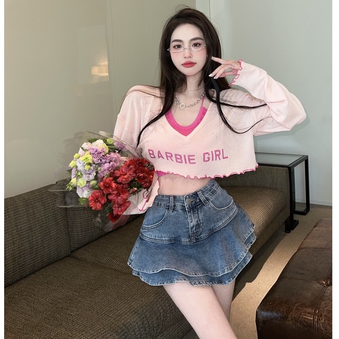 Bộ Áo Yếm + Áo Sơ Mi Chống Nắng + Quần Denim Eo Cao Dáng Chữ a Phong Cách Hàn Quốc Thời Trang Mùa Hè