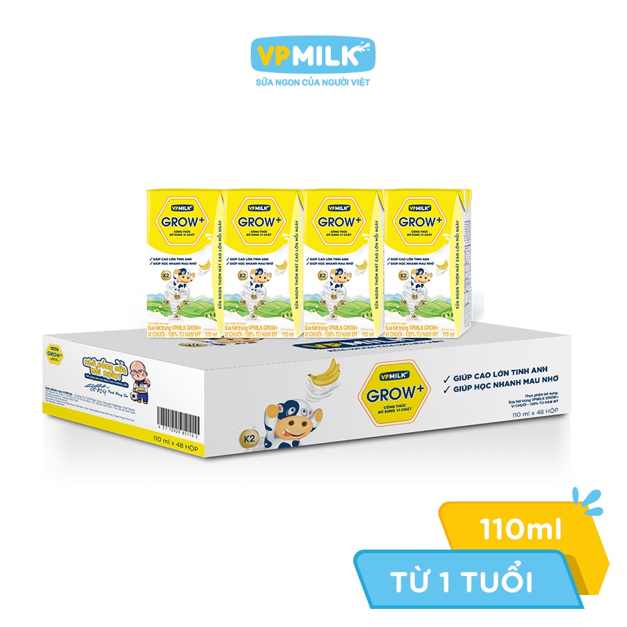 Sữa tiệt trùng VPMilk Grow+ vị chuối hộp 110ml (lốc 4 hộp)