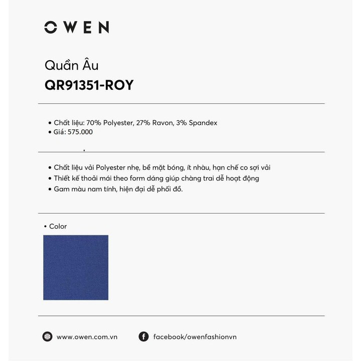 🍀 NEW 💯 . OWEN - Quần âu nam màu xanh navy cạp tăng đơ co dãn 91351 Cực Đẹp .1 . M08 : . . ' . . ˢ . ^ ' . ˢ