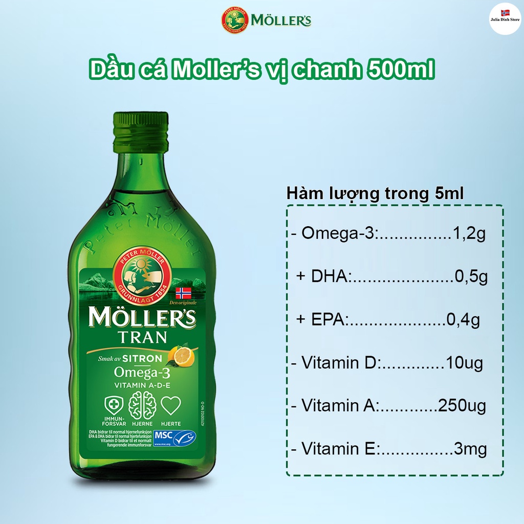 Dầu gan cá tuyết Omega 3 MOLLERS Tran Sitron nội địa Na Uy (500ml) - Hương vị chanh