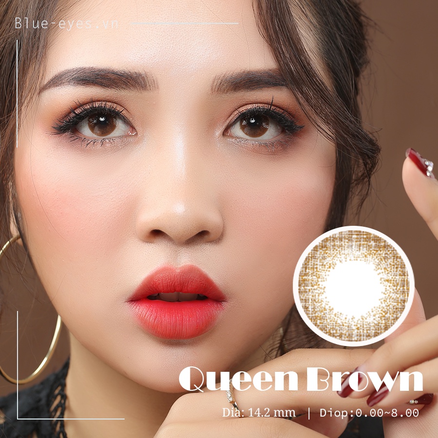 Lens  Hàn cao cấp  premium silicone hydrogel màu nâu cam  sang trọng QUEEN BROWN, Kính áp tròng nhập khẩu Hàn Quốc