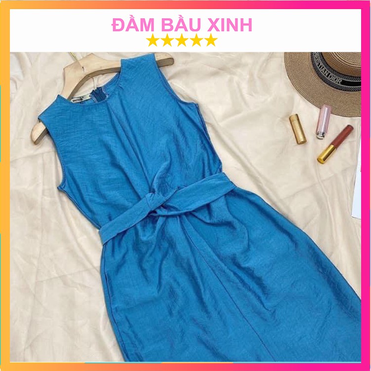 Đầm Đũi Suông Xoắn Eo Váy Sát Nách Dây Buộc Thắt Eo Xanh Cô Ban Xinh Xắn