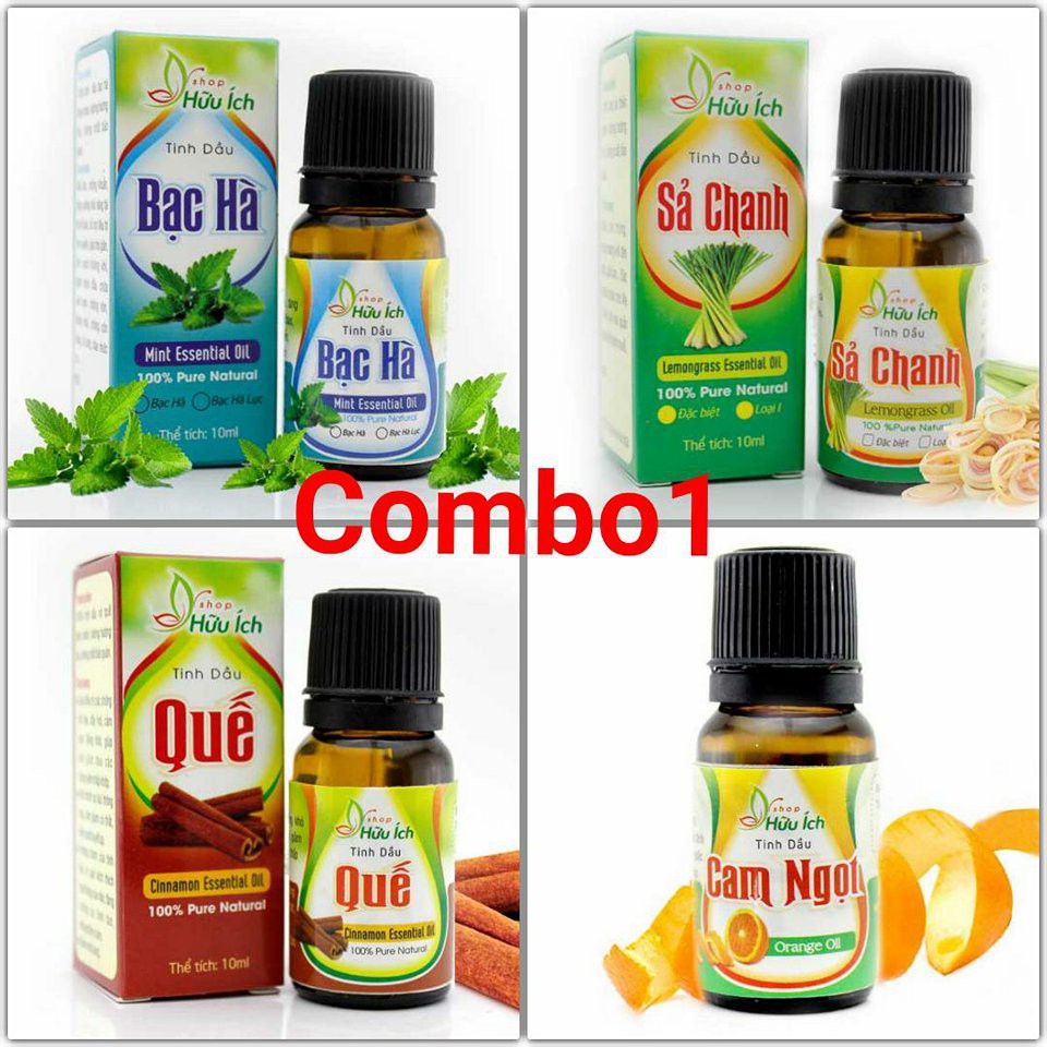 Combo 4 chai tinh dầu thiên nhiên 10ml và lọ treo xe chiết tinh dầu