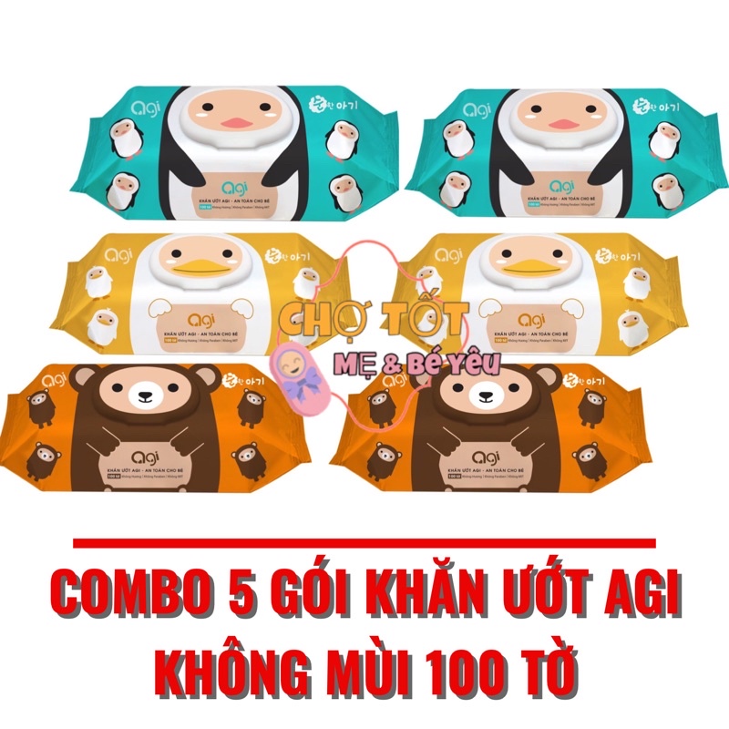 [MẪU MỚI] COMBO 5 GÓI KHĂN ƯỚT AGI KHÔNG MÙI 100 TỜ