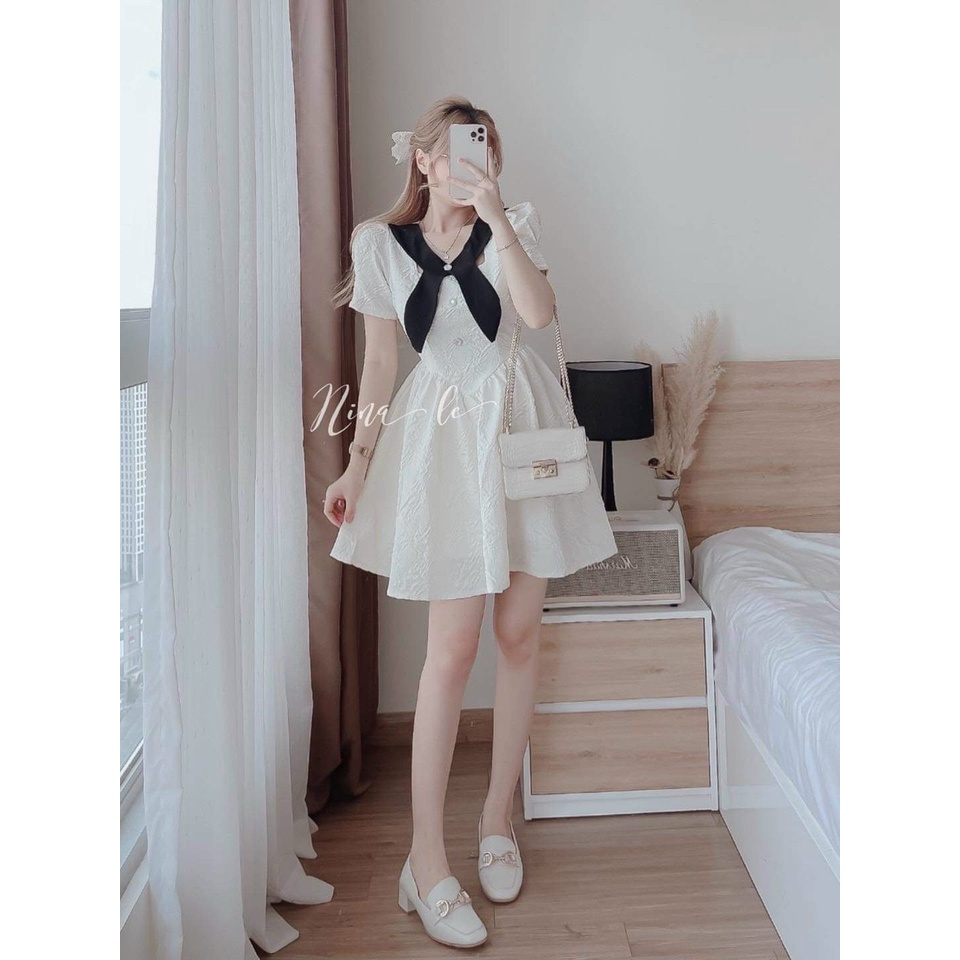 Đầm xòe tay phồng thiết kế phối nơ đính nút ngực mẫu có mút ngực thời trang nữ dự tiệc phù hợp mọi phong cách