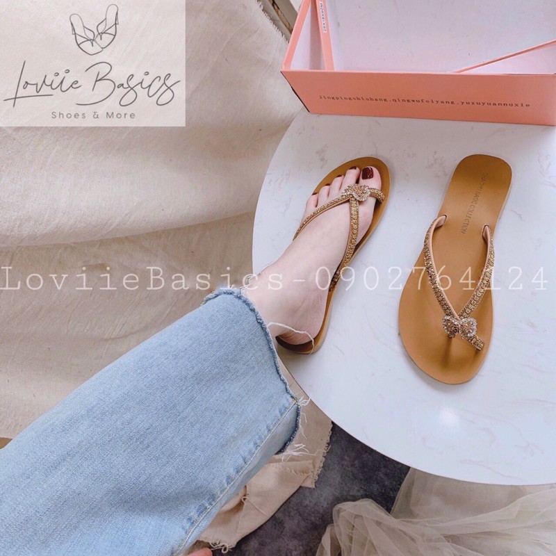 DÉP NỮ XỎ NGÓN LOVIIEBASICS ĐẾ BỆT - DÉP NỮ ĐÍNH ĐÁ XOÀN THỜI TRANG QUAI KẸP D200741 D220535