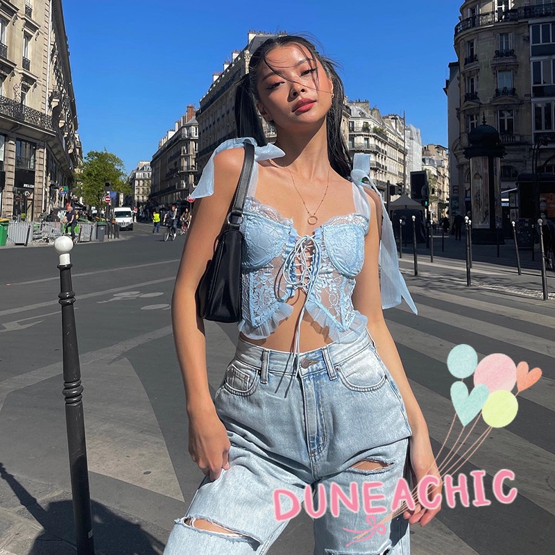 DUNEA Áo Tank Top Hở Lưng Phối Ren Phong Cách Quyến Rũ