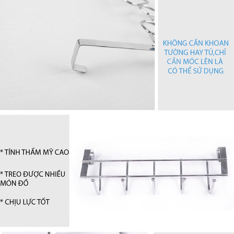Móc Treo Quần Áo Đồ Sau Cửa Tủ 5 Móc Chấu Nhỏ Bằng Inox Chắc Chắn Có Đầu Bo Tròn Không Rách Quần Áo Không Khoan Tường