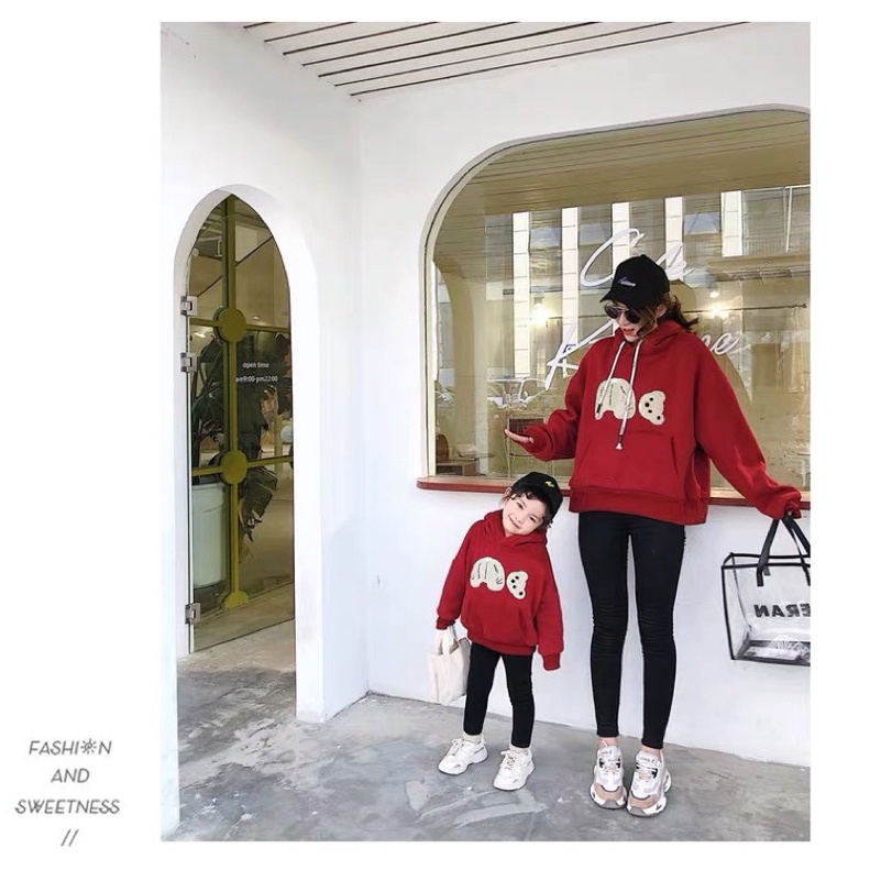 AB145 - ÁO NỈ HOODIE ĐÔI MŨ LIỀN ĐỎ GẤU MẸ VÀ BÉ | BigBuy360 - bigbuy360.vn