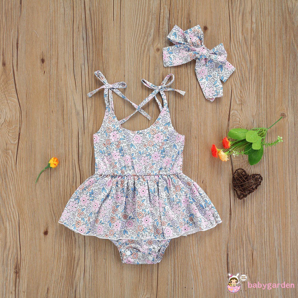 Bộ Áo Liền Quần Hai Dây In Hoa + Băng Đô Thời Trang Mùa Hè Cho Bé Gái