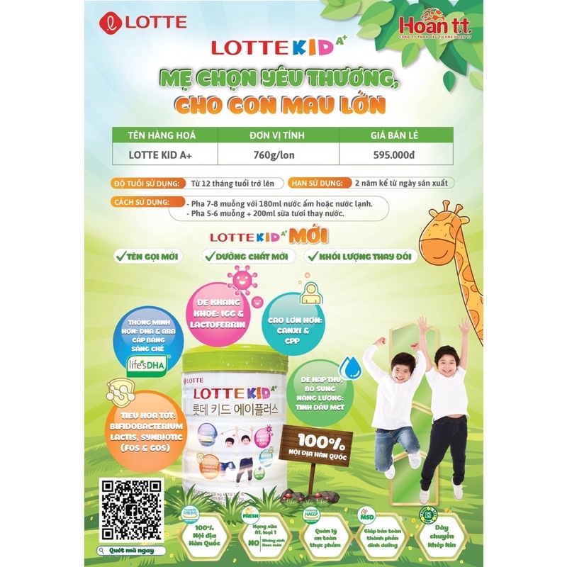 [MẪU MỚI] [DATE 11/2023] Sữa KID POWER A+ (Lotte Kid A+) (Hàn Quốc) hộp 760g giúp bé tăng chiều cao vượt trội