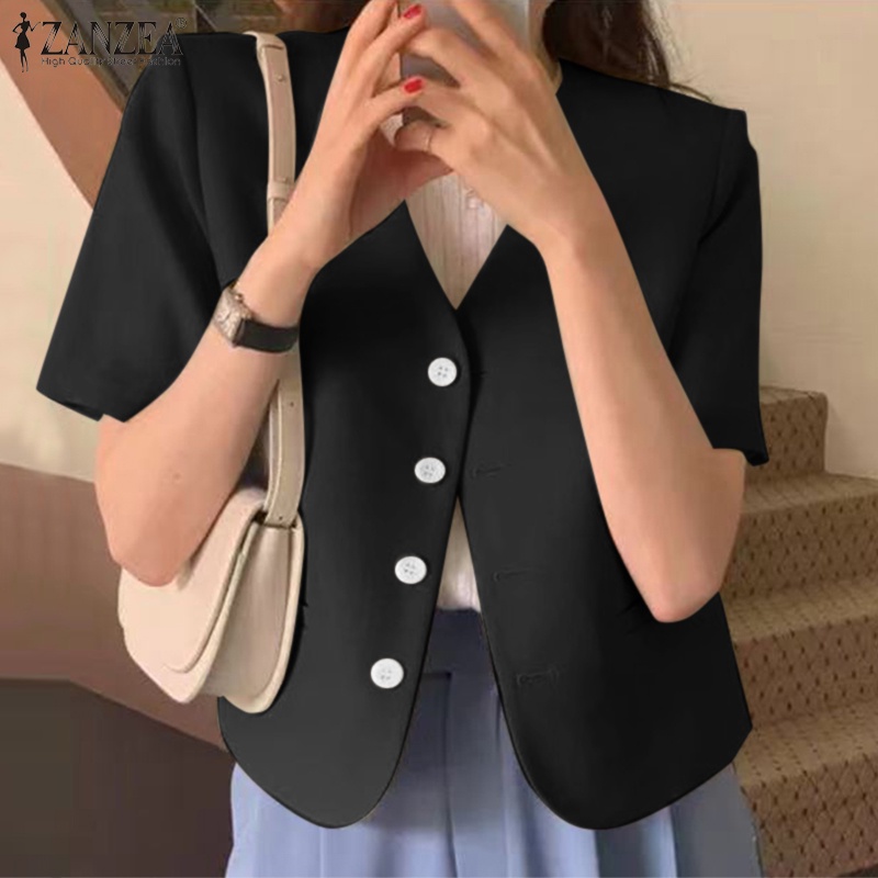 Áo khoác blazer ZANZEA ngắn tay cổ v cài nút thời trang Hàn Quốc cho nữ