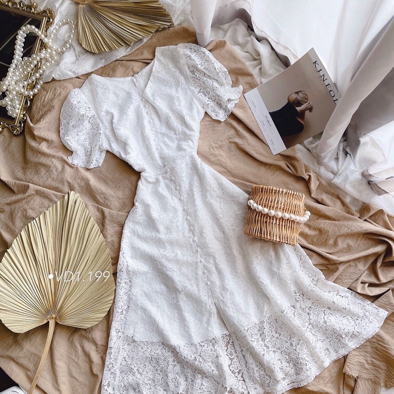 ĐẦM MIDI TRẮNG REN HOA PHỐI NÚT NGỌC thời trang giá rẻ