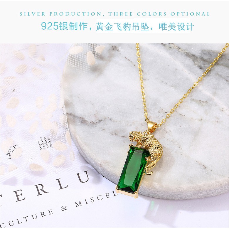 Mặt dây chuyền hình con báo đính đá thạch anh màu xanh lá thời trang châu âu-3977