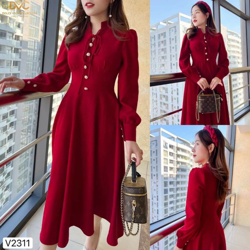 Váy xòe đỏ nhung tăm V2311_ hàng thiết kế cao cấp