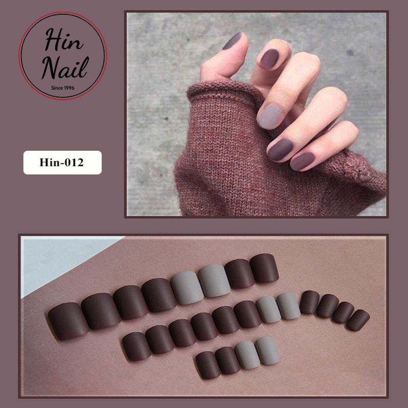 Sét 24 móng tay giả kèm keo Hin Nail tông màu nâu xám